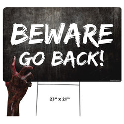 BEWARE FAUX METAL HALLOWEEN SIGN WITH ZOMBIE HAND Plastic Outdoor Yard Sign Standup / Standee