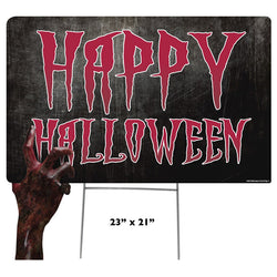 HAPPY HALLOWEEN FAUX METAL SIGN WITH ZOMBIE HAND Plastic Outdoor Yard Sign Standup / Standee