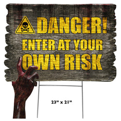 DANGER FAUX WOOD HALLOWEEN SIGN WITH ZOMBIE HAND Plastic Outdoor Yard Sign Standup / Standee