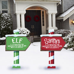 SET OF 2 ELF WORKSHOP AND SANTA'S WORKSHOP Plastic Outdoor Yard Sign Standups / Standees