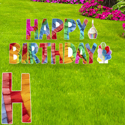 HAPPY BIRTHDAY (CREPE PAPER) Set of Plastic Outdoor Yard Sign Standups / Standees