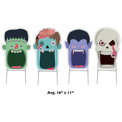 MONSTER FACES Set of 4 Plastic Outdoor Yard Sign Standups / Standees