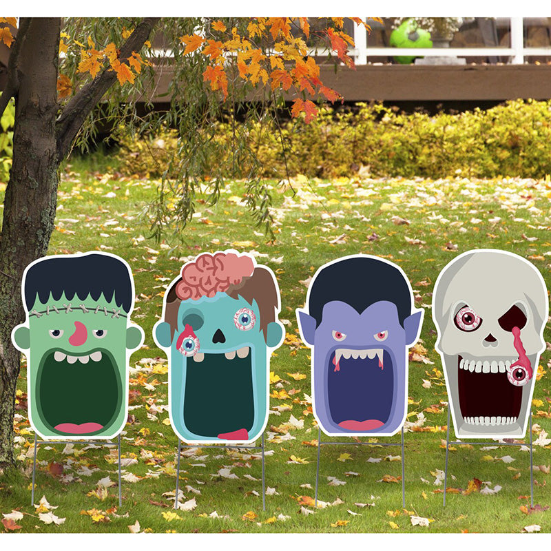 MONSTER FACES Set of 4 Plastic Outdoor Yard Sign Standups / Standees
