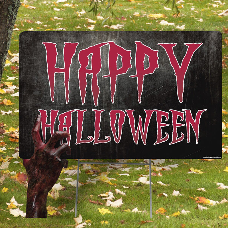 HAPPY HALLOWEEN FAUX METAL SIGN WITH ZOMBIE HAND Plastic Outdoor Yard Sign Standup / Standee