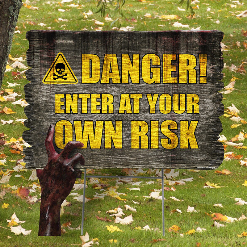DANGER FAUX WOOD HALLOWEEN SIGN WITH ZOMBIE HAND Plastic Outdoor Yard Sign Standup / Standee