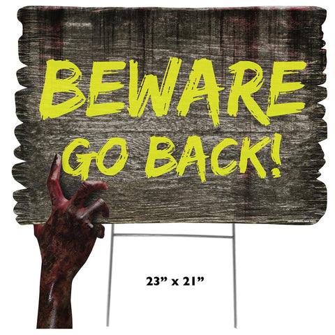 BEWARE FAUX WOOD HALLOWEEN SIGN WITH ZOMBIE HAND Plastic Outdoor Yard Sign Standup / Standee