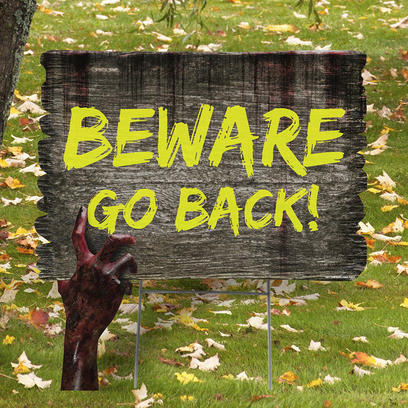BEWARE FAUX WOOD HALLOWEEN SIGN WITH ZOMBIE HAND Plastic Outdoor Yard Sign Standup / Standee