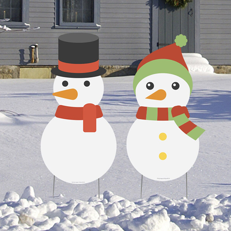 SET OF 2 SNOWMAN AND SNOWWOMAN Plastic Outdoor Yard Sign Standups / Standees