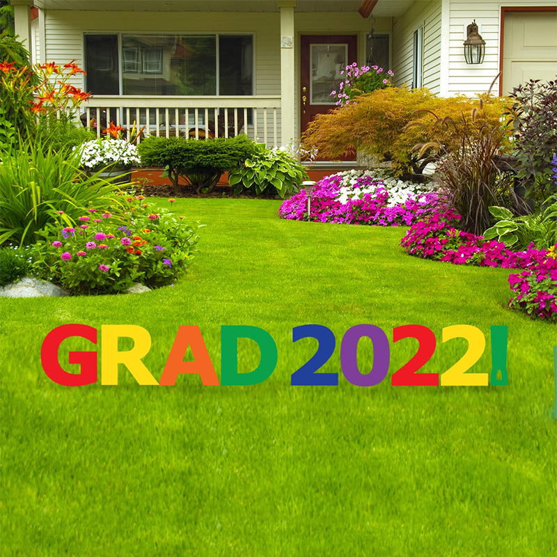 GRAD 2022 (MULTI-COLORED) Set of 9 Plastic Outdoor Yard Sign Standups / Standees